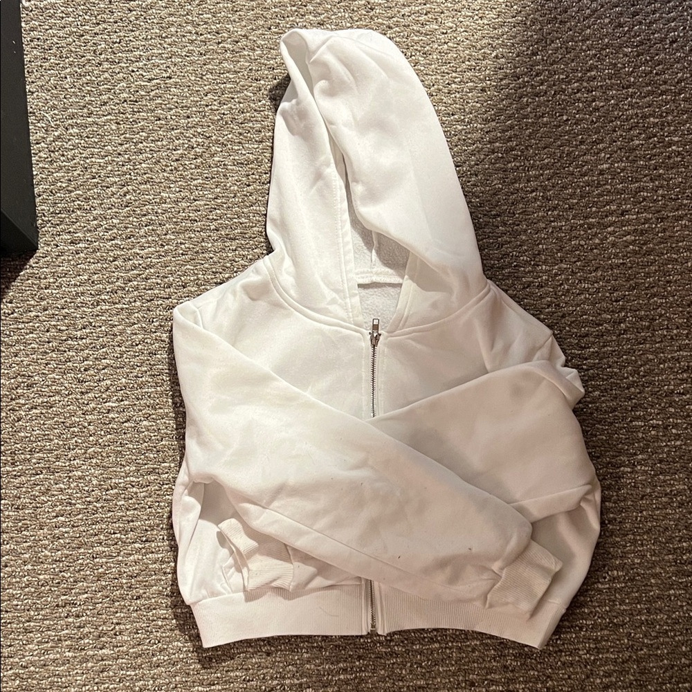 White Crop Zip-Up Hoodie